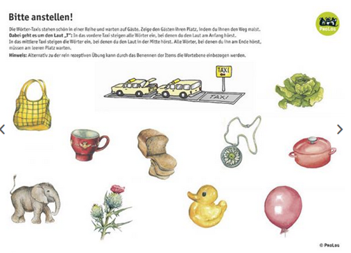 Textbeschrieb mit Zeichnungen einer Tasche, Autos auf einer Strasse, einem Salat, einer Tasse, einem aufgeschnittenem Brot, einer Halskette mit Amulett, einer Pfanne, einem Elefanten, einer Distel, einer Gummiente und einem Ballon